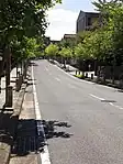 徳川園の西側を南北に走る市道。濃尾平野（手前）と大曽根面（背後）との段差を示す。（名古屋市東区徳川町、2014年（平成26年）9月）