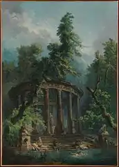 "水浴 ",ユベール・ロベール, NYメトロポリタン美術館蔵 (Hubert Robert, La Baignade, Met.)。バガテル庭園内の水浴場は1808年まであった。