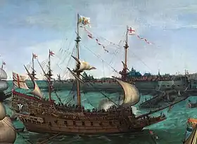 1613年、フリシンゲンに寄港する「プリンス・ロイヤル」ヘンドリック・コルネリスゾーン・フロームが1623年に描いた『The Arrival of Elector Frederick V of the Palatinate and Elizabeth Stuart』の一部を拡大したもの。