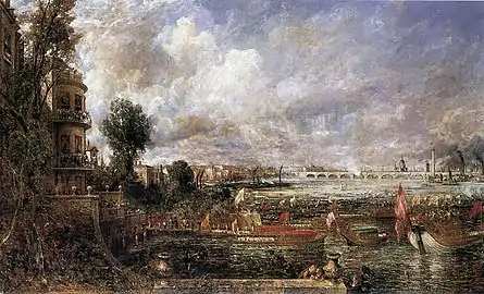 『ウォータールー橋の開通式(ホワイトホール階段からの眺め、1817年6月18日)』(The Opening of Waterloo Bridge seen from Whitehall Stairs, 18 June 1817)(1832年、油彩・キャンバス) ロンドン・テート・ブリテン所蔵