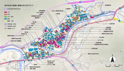 豊田市足助伝統的建造物群保存地区の範囲（2019年（平成31年）2月現在）