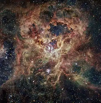 チリ ラ・シヤ天文台のESO 1.5mデンマーク望遠鏡で撮像されたタランチュラ星雲。