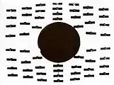 温度 T = 4.2 Kにおいてはスズは常伝導状態である。周辺に配置されているコンパスの針の向きから、磁束がスズの円筒の中までも通っていることがわかる。