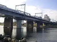 左岸(東京都側)の上流側から見た多摩川橋梁。手前のプレートガーダー橋が新幹線、奥のトラス橋が在来線。