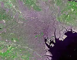 東京付近の地理的概況（河川、市街地、緑地 等々）が判るランドサット画像（1986年）