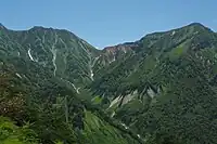 中央のザラ峠の左(北)に獅子岳、右(南)に鷲岳