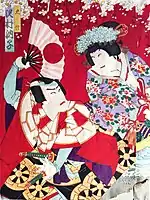 「吉野山」 七代目沢村訥子の忠信、四代目澤村田之助のしづか。明治20年11月、東京吾妻座。但しこのとき実際に静御前を演じたのは尾上新七であった。大判錦絵3枚続の内。豊原国周画。
