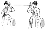 1889年にフランス語で出版された「La clef de la science, explication des phénomènes de tous les jours par Brewer et Moigno(『科学の鍵。ブルワーとモワノーによる、日常の現象についての解説』)」に掲載された金属缶テレフォンの挿絵。ラバーズ・テレフォンとも呼ばれていた。