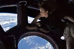 キューポラから地球を眺めるコールドウェル宇宙飛行士