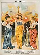 1914年の三国協商を表したポスター。 マリアンヌ（フランス）、マザー・ロシア（ロシア）、ブリタニア（イギリス）が一堂に会している。