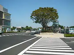 南側から望む。木の右奥にあるのが駅A4出入口である。(2005年8月)