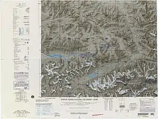 アフガニスタンとの三国国境を含む、中国＝タジキスタン国境の一部（"BOUNDARY IN DISPUTE"（紛争中の境界）と表示されている）（1992年、アメリカ防衛地図局）