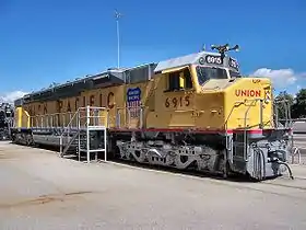 Union Pacific Railroad 6915, preserved by the Southern California chapter of the Railway and Locomotive Historical Society at the Los Angeles County Fairplex in Pomona, California.