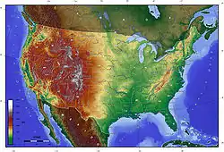 アメリカ合衆国本土48州の地勢図