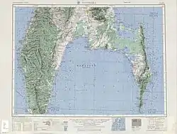 1947年の南サハリンの地図、右側の中知床岬南端に中知床岬灯台が、その北方約27 kmの札塔に吏員退息所が設置されている