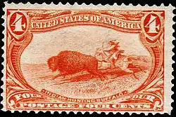 米国でアメリカバイソンの図像が入った最初の切手は1898年に発行された。『インディアンがバイソンを狩猟する』