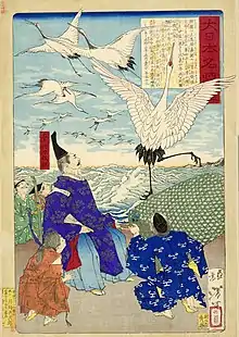 由比ヶ浜に千羽の鶴を放生した源頼朝を描いた絵(月岡芳年筆)