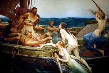 複数の男性が船を漕いでいる最中に別の男性がマストに縛られ、3人の人魚が船に乗って尾を失う過程にある絵画。