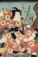 「車曳」 初代坂東しうかの舎人桜丸、七代目市川高麗蔵の舎人梅王丸。嘉永3年(1850年)7月、江戸中村座。三代目豊国画。
