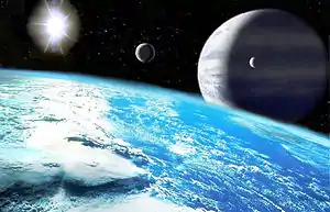アンドロメダ座υ星dの衛星に水や雲が存在するという仮定で描かれた想像図(右奥の天体が惑星)