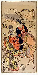 漆絵の作例。右は石川豊信(西村重信)、左は奥村利信画。いずれも1720年頃のもの。