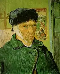 フィンセント・ファン・ゴッホ（1889年）、鏡に映った自身を描いたため、左右が反転していて右耳に包帯をしたように描かれている。