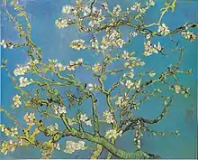 『花咲くアーモンドの木の枝』1890年2月、サン=レミ。油彩、キャンバス、73.3 × 92.4 cm。ゴッホ美術館F 671, JH 1891。