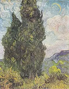 『二本の糸杉』1889年6月、サン=レミ。油彩、キャンバス、93.4 × 74 cm。メトロポリタン美術館F 613, JH 1746。