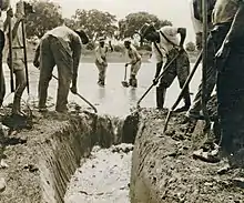 溝にたまった水をくみ出す人々の黒白写真