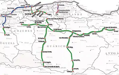 IFE計画案に基づく鉄道地図http://www.ife.gob.ve/Sistema_ferroviario/#lineaope。地図中にて描かれている紫色の路線は運行している範囲であり、青色は復旧方針の路線であり、緑色は2017年時点で建設中の新設路線である。
