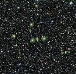 じょうぎ座銀河団の中心付近の映像(視野は 0.5°x 0.5°)。複数の波長におけるイメージに、便宜的に色を着けて合成したものであり、実際の色とは異なる。恒星(小さな点と十字型の点)は我々の天の川銀河に属し、じょうぎ座銀河団よりずっと手前にある。ヨーロッパ南天天文台(ESO、チリ)作成。
