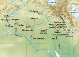 古代メソポタミアの地図。タルビスはティグリス川沿い、ニネヴェのすぐ上流に位置する。