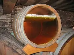 Photo showing a barrel with a glass bottom revealing the layer of yeast on the surface under which the yellow wine is ageing. This yeast is in the form of an irregular white layer – it forms small stalactites that sink a few millimetres into the wine which is already dark yellow wine. The wall in the background is grey, probably coated in grey mould.