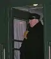 2007年ロシア下院選挙において、列車内から演説を行うロシア自由民主党のウラジーミル・ジリノフスキー