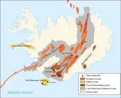 アイスランドの活発な火山活動がある地域と火山システム