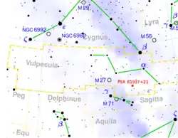 こぎつね座(Vulpecula)  と PSR B1937+21 の位置（赤）。