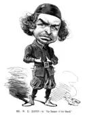 ブライアンらしい典型的な風刺画として描かれた『ロンドン塔の衛兵 (The Yeomen of the Guard)』の衣装を着けた俳優W・H・デニー(W. H. Denny)。