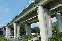 橋脚の天端を高く構築することで沓（支承）を隠し、雨水による汚れを目立たなくさせた。左画像は伊勢湾岸自動車道の高架橋で沓が露出することで橋脚が汚れているが、右画像の藁科川橋では沓を隠して汚れが目立たない。