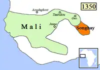 ソンガイ帝国と隣接するマリ帝国のおおよその範囲。c1350