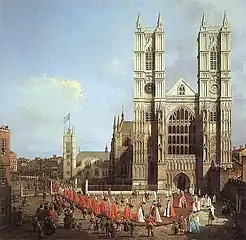 カナレットによるヴェドゥータ "ウェストミンスター寺院でのバス勲章授与式 " (Westminster Abbey with a procession of Knights of the Bath), 1749