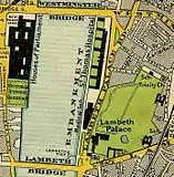 1897年の地図で、ランベス宮殿、ランベス橋、ウェストミンスター宮殿（国会議事堂）、ウェストミンスター橋を示す。