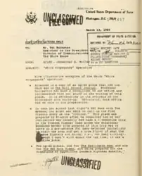 国務省からパトリック・ブキャナンに送付されたメモ。オットー・ライヒ(英語版)が1980年代に行った「白色宣伝」について論じられている。