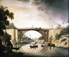A painting of the bridge, from mid-river, in the picturesque style of the period. Smoking furnaces can be seen in the distance and a w:Severn trow is alongside the bridge. Two wealthy coaches are visible, as are a well-dressed party of sightseers in a small boat.