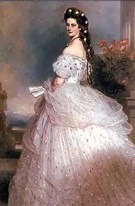 ピンク チュールのボール・ガウンを身に纏ったエリーザベト皇后。フランツ・ヴィンターハルター画。(1865年)