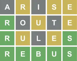 A four-row grid of white letters in colored square tiles, with 5 letters in each row, reading ARISE, ROUTE, RULES, REBUS. The A, I, O, T, and L are in gray squares; the R, S, and E of ARISE, U and E of ROUTE, and U and E of RULES are in yellow squares, and the R of ROUTE, R and S of RULES, and all letters of REBUS are in green squares.