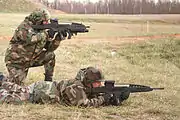 テスト射撃中のアメリカ軍兵士上がXM8 ベースライン・カービン(M320装着)下がXM8 シャープシューター