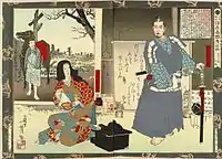 「今古誠画 浮世画類考之内 天正三年之頃(山内一豊)」 大判二枚続 小林清親画 明治18年(1885年) 一豊に名馬を買わせるため持参金を渡す妻