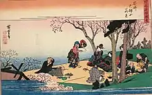 歌川広重「浪花名所図会 安井天神山花見」(1834年頃制作)。踊りに興じる花見客。花見弁当に酒、三味線も見える。