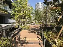 敷地内に整備された通路「みどりのたまり路」、53街区との間の歩行者動線「キング軸」の一部（2021年4月21日）