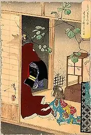 月岡芳年『新形三十六怪撰』より「葛の葉きつね童子にわかるるの図」。浮世絵に描かれた葛の例。